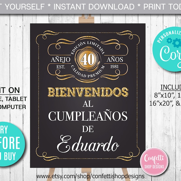 Editable Aged to Perfection Welcome Sign ANY AGE Spanish Birthday Welcome Sign Gold Whiskey Label Welcome Sign, Party Decor Instant Download