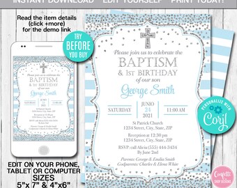 Editable Baptism and First Birthday Invitation, Boy, Blue and Silver, Confetti, Christening Invite, Printable Invite, Instant Download CORJL