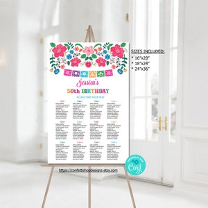 Bewerkbare Mexicaanse zitplaatsen grafieksjabloon Mexicaanse bloemen zitplaatsen poster verjaardagsfeestje tabelnaam grafiek Instant Download afdrukbare