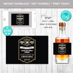 編集可能なスペインのミニ酒瓶ラベル、完璧に熟成、ヴィンテージ、あらゆる年齢、ゴールド、ウイスキーラベル、即時ダウンロード、退職、誕生日