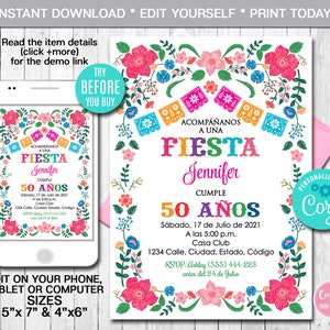 Editable Mexican Birthday Invitation Spanish ANY AGE, 50th Birthday Invite Fiesta Invitation Mexican Theme Invitation Instant Download CORJL