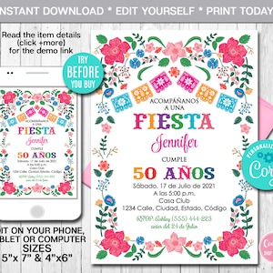 Faire-part d&#39;anniversaire mexicain modifiable, espagnol, à tout âge, 50e anniversaire, invitation Fiesta, invitation thème mexicain, téléchargement immédiat CORJL