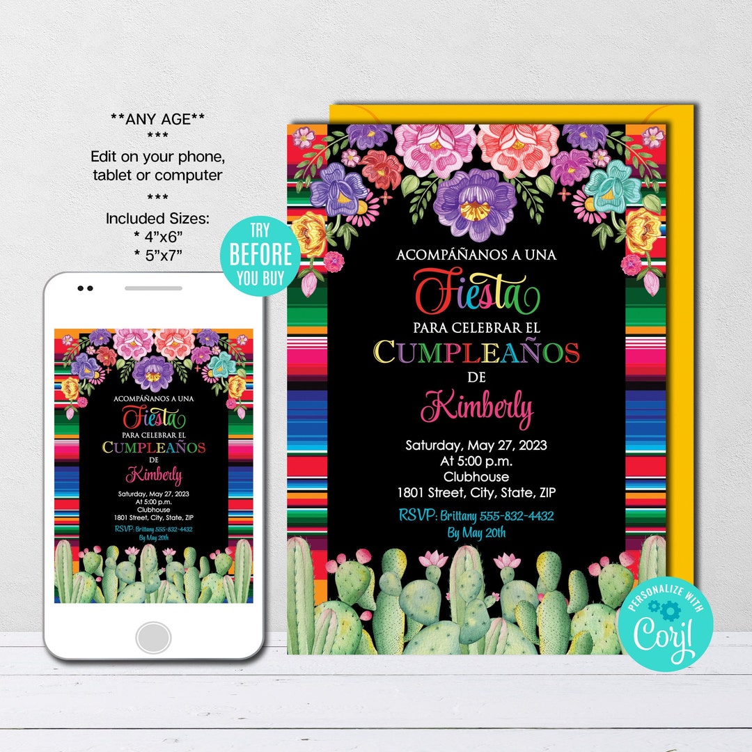 Editable Mexican Birthday Invitation SPANISH Mexican Fiesta Invitation ...