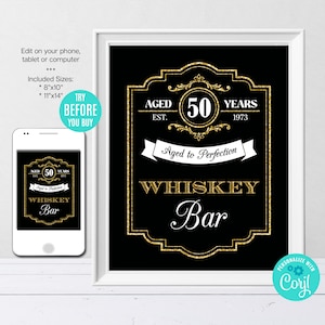Editable Whiskey Bar Sign, Vintage, Aged To Perfection Sign, Birthday Party Sign, Party Decor, Gold, Instant Download, Printable, CORJL