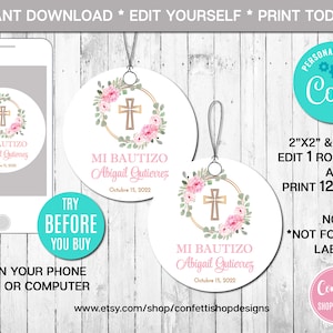 Editable Floral Baptism Favor Tag, Girl, Mi Bautizo, Spanish Favor Tag, Flowers, Pink and Gold, Printable, Instant Download, CORJL