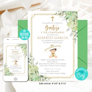 Convite de Batismo Editável, Menino, Convite de Batismo de Menino Charro Dourado, Convite com Tema México, Convite Floral Verde Espanhol, Download Instantâneo