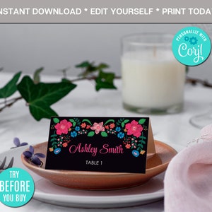 EDITIERBARE Mexikanische Lebensmittel Etiketten Fiesta Party Tischkarten Zeltkarte Geburtstag Babyparty Mexikanische Fiesta Mexikanische Blumen Sofortiger Download CORJL
