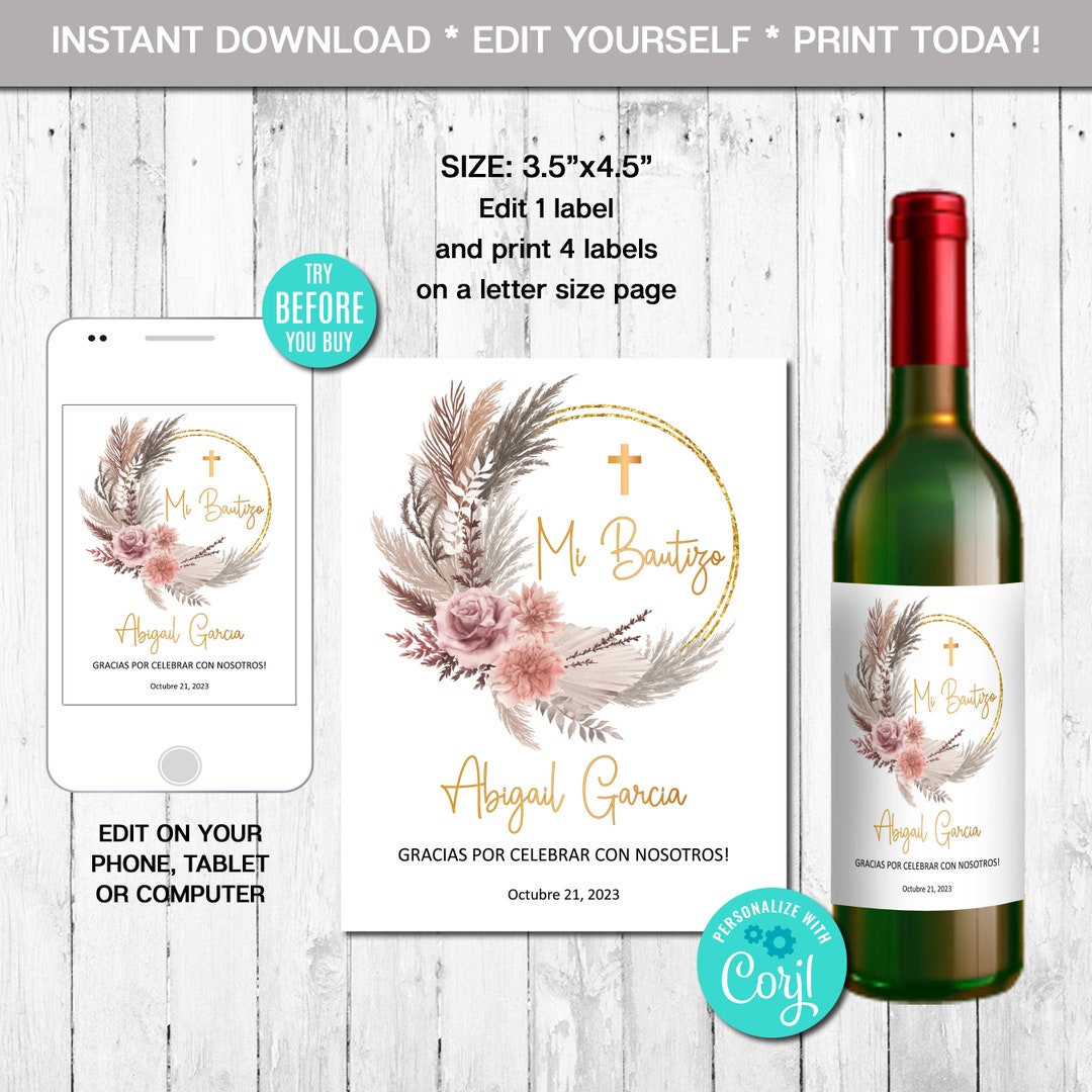 Baptism Wine Bottle Label Template Girl Editable Boho Etsy