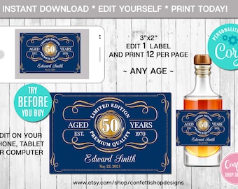 EDITABLE Mini Liquor Bottle Label, Aged to Perfection, Any Age, Navy Blue and Gold, Whiskey Label, Instant Download, CORJL, Digital File