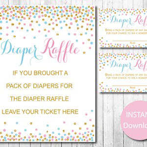 Windel Tombola Tickets und Zeichen, Geschlecht offenbaren, Junge oder Mädchen, er oder sie, rosa oder blau, Konfetti, Baby Shower Spiele Sofort Download, printable