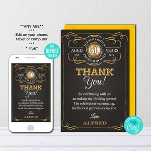 Cartão de agradecimento editável, QUALQUER IDADE, dourado, rótulo de uísque, aniversário, festa de aniversário vintage, nota de agradecimento, modelo para impressão, download instantâneo
