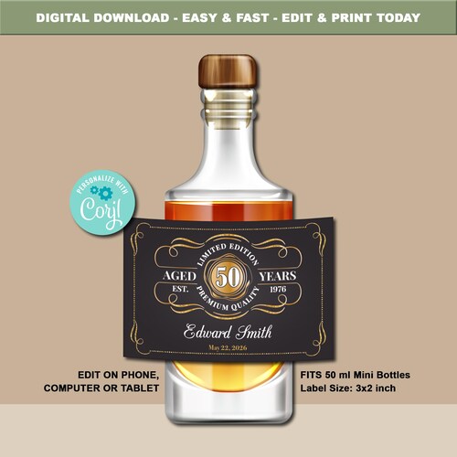 Custom Mini Liquor Bottle Labels, Whiskey Bottle Sticker, Aged to Perfection Any Age Birthday, Editable Corjl Template, Digital Download
