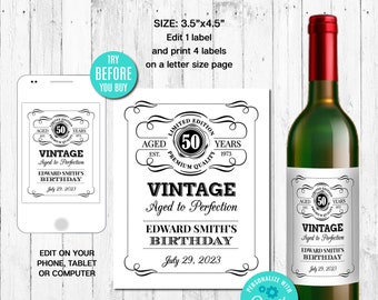 EDITABLE Wine Bottle Label, Aged to Perfection, Any Age, Whiskey Label, Instant Download, CORJL, Digital File, Template