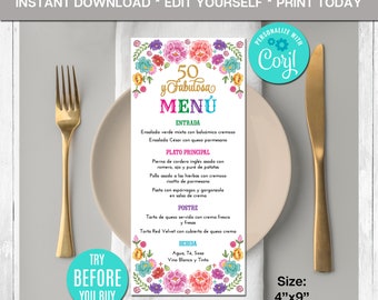 Editable Mexican Menu, Fifty and Fabulous Menu Template, Mexican Flowers, Menu Card, Birthday Party, Printable Menu, Instant Download, DIY