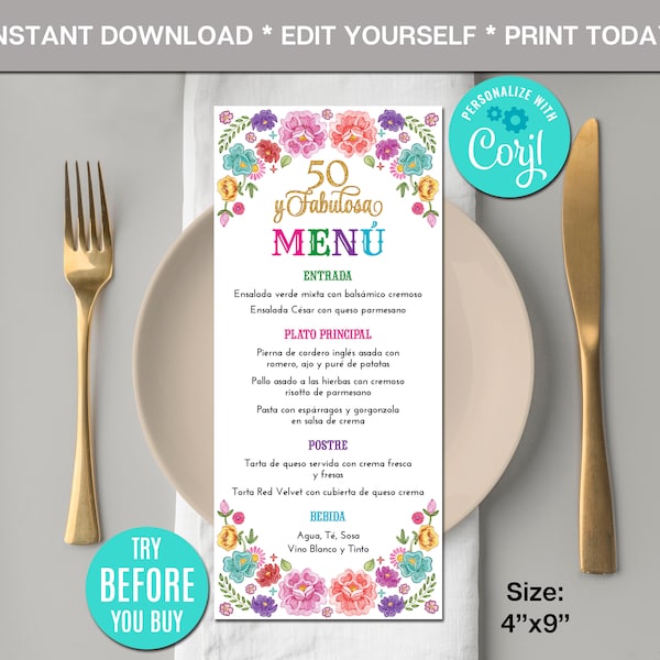 Editable Mexican Menu, Fifty and Fabulous Menu Template, Mexican Flowers, Menu Card, Birthday Party, Printable Menu, Instant Download, DIY