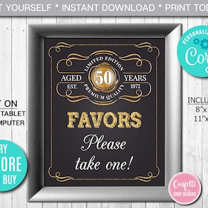 Editable Favors Sign Age to Perfection Birthday Party Sign  ANY AGE Gold Whiskey Label Sign, Party Decor Instant Download CORJL Template
