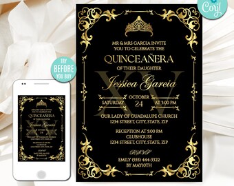 Editable Vintage Quinceanera Invitation Template, Digital File, Gold Crown (Instant Download)