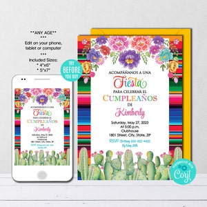 Editable Mexican Birthday Invitation SPANISH Mexican Fiesta Invitation Cactus Invite Mexican Flowers Invitation Printable Instant Download