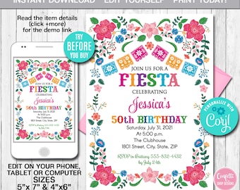 Puede incluir: Una invitación digital imprimible para una fiesta de cumpleaños número 50 con un tema de fiesta mexicana colorido. La invitación presenta un borde floral con pancartas de papel de colores y el texto "Únete a nosotros para una Fiesta celebrando el cumpleaños número 50 de Jessica".