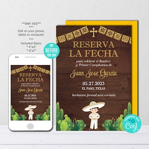 Editable Save The Date Template, Boy, Spanish, Gold, Mexican Baptism, Charro Boy Baptism Invitation, Rustic Wood, Instant Download, CORJL