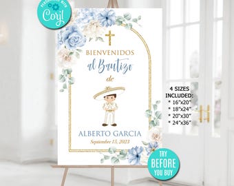 Editable Baptism Welcome Sign Template, Toddler Boy Charro, Spanish Welcome Sign, Bautizo, Mexican Theme, Blue Flowers, Digital Download