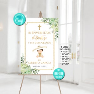 Panneau de bienvenue modifiable pour le baptême Charro, garçon, cartel espagnol de Bienvenida Bautizo, thème mexicain, verdure, imprimable, téléchargement immédiat, CORJL