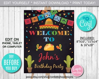 Editable Taco Bout A Party Welcome Sign, Mexican Welcome Sign, Fiesta Birthday Party Welcome Sign, Fiesta Party Decor Instant Download CORJL