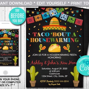 Editable Taco &#39;Bout A New House Invitation, Mexican Invitation, Fiesta Invitation, Party Invite, Instant Download, Digital File, CORJL