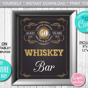 Editable Whiskey Bar Sign ANY AGE to Perfection Birthday Party Sign Gold Whiskey Label Sign, Party Decor Instant Download CORJL Template