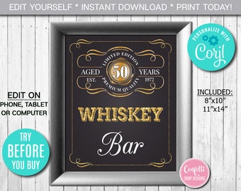 May include: A black chalkboard sign with gold glitter accents and the text "Whiskey Bar" with a gold and black whiskey label that says "Limited Edition Aged 50 Years Est. 1972 Premium Quality".