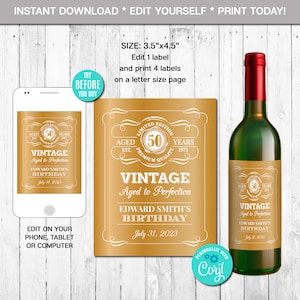 編集可能なワインボトルラベル、完璧に熟成、ヴィンテージ、あらゆる年齢、ゴールド、ウイスキーラベル、即時ダウンロード、CORJL、デジタルファイル