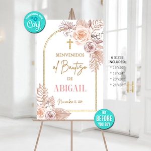 Editable Baptism Welcome Sign Template, Pampas Grass, Spanish Welcome Sign, Pink and Gold, Boho Baptism Invitation, Digital Download