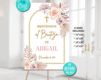 Pampas Grass Baptism Welcome Sign, Spanish Boho Decor (Digital Download)