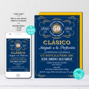 Bewerkbare leeftijd tot in de perfectie verjaardagsuitnodiging ELKE LEEFTIJD Spaanse whisky label verjaardagsuitnodiging vintage verjaardagsfeestje direct downloaden