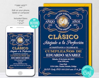 Editable Aged to Perfection Birthday Invitation ANY AGE Spanish Whiskey Label Birthday Invitation Vintage Birthday Party Instant Download