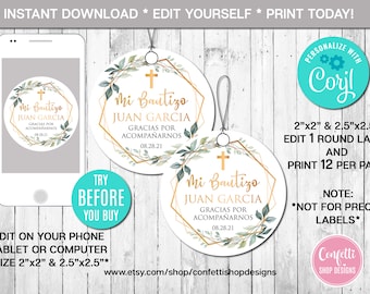 Editable Baptism Favor Tag, Boy, Mi Bautizo, Spanish Favor Tag, Greenery, Gold, Printable, Template, Instant Download, CORJL