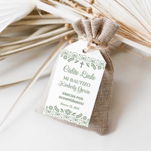 Cielito Lindo Bautismo Favor Etiqueta, Sage Green Papel Picado, Plantilla Editable, Tema Barro Mexicano, Flores de Talavera, Descarga Digital, CORJL