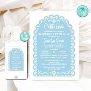 Cielito Lindo Baptism and 1st Birthday Invitation, Spanish Editable Template, Mexican Barro Theme, Light Blue Papel Picado, Talavera Flowers