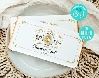 Envoltorio de chocolate para barra de caramelo añejado a la perfección editable de 1,55 oz, etiqueta de recuerdo, decoración vintage para fiesta de cumpleaños en blanco y dorado, descarga digital