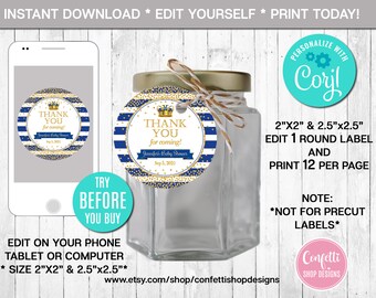 Editable Prince Favor Tag, Prince Baby Shower Favor Tag, Boy, Navy Blue and Gold, Prince Thank You Tag, Instant Download, Printable, CORJL