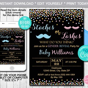 Editable Gender Reveal Invitation Staches or Lashes Blue or Pink, Boy or Girl He or She Confetti Baby Shower Printable Instant Download