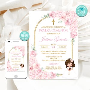 Bewerkbare sjabloon uitnodiging eerste communie, klein meisje, Primera Comunion, boho roze bloemen, afdrukbare uitnodiging, digitale download