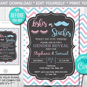 Staches or Lashes Gender Reveal Party Invitation, Boy or Girl, Blue or Pink, Printable Invitation, Instant Download, Digital, Editable G-004