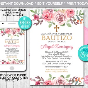 Editable Baptism Invitation, Spanish Baptism Invitation, Girl, Flowers, Christening Invitation, Printable Invite, Instant Download, CORJL