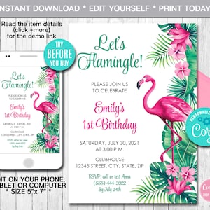 Editable Flamingo Birthday Invitation, Tropical Birthday Invitation, Flamingo Party, Let&#39;s Flamingle, Instant Download, Digital File, CORJL