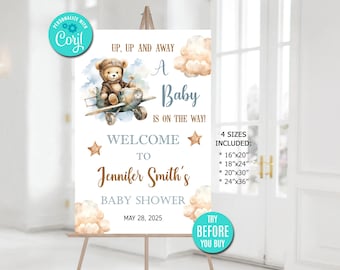 Teddy Bear Airplane Baby Shower Welcome Sign: Vintage Travelm Editable Template (Instant Download), CORJL
