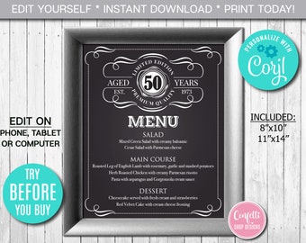 Editable Menu Sign Template, Age to Perfection Birthday Party Sign, Vintage, Whiskey Label Sign, Birthday Party Decor, Instant Download