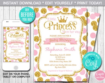 Princess Baby Shower Invitation, Girl, Pink and Gold Princess Invitation, Dots, Printable Invite, Instant Download, Digital File, Corjl