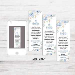 Bearbeitbare blaue Blumentaufe Lesezeichen Vorlage, spanische Gebetskarte Gunst, Mi Bautizo Lesezeichen, sofortiger Download, druckbar, CORJL