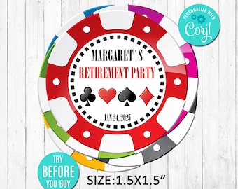 Könnte beinhalten: Roter, weißer und schwarzer Casino-Chip-Party-Favor mit dem Text "Margaret's Retirement Party" und dem Datum "Jan 24, 2025". Der Chip ist 1,5 Zoll mal 1,5 Zoll groß.